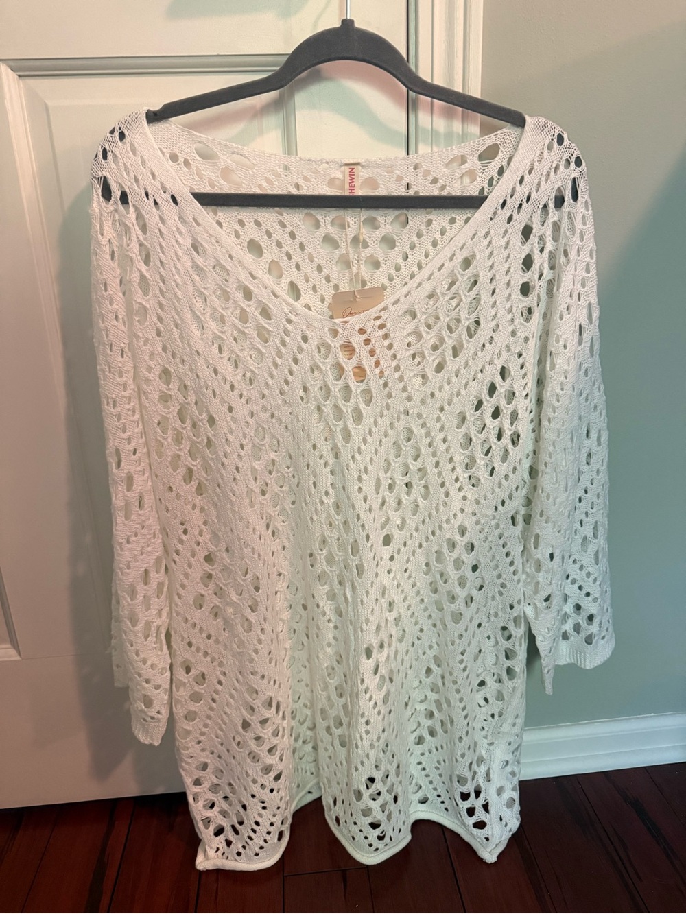 Women's White Open-Knit Tunic Sweater
